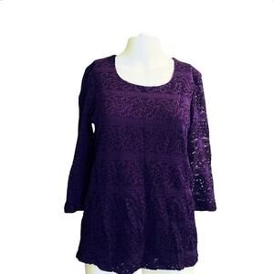 Christopher & Banks Women's Size Small Blouse Purple Lace Overlay Sheer Sleeve